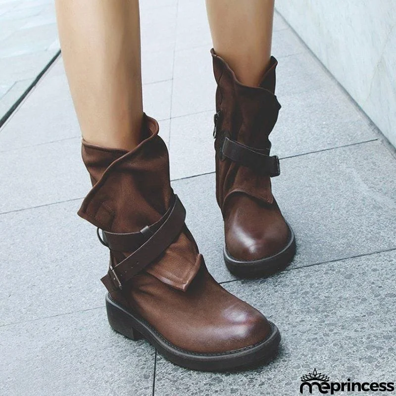 Women's Plus Size Adjustable Buckle Mid-Calf Motorcycle Boots