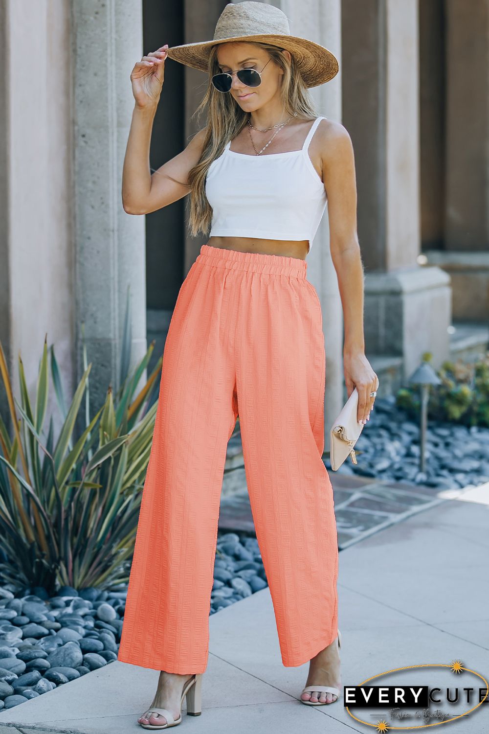 Pink Textured Straight Leg High Waist Casual Loose Pants