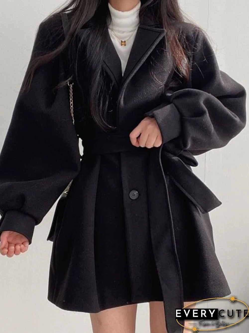 Puff Sleeve Belted Woolen Coat