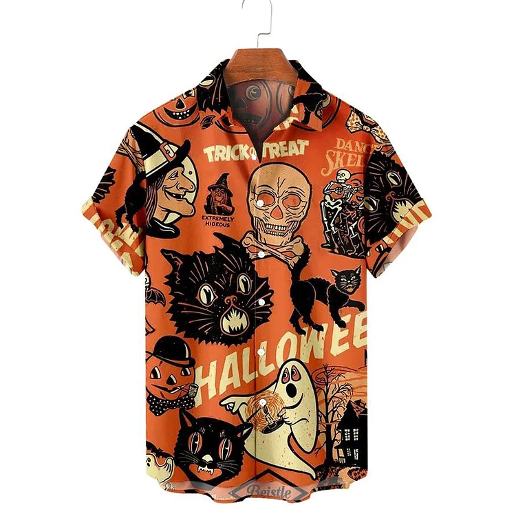 Halloween Skull Pumpkin Printed Short Sleeve Casual Lapel Shirt at Hiphopee