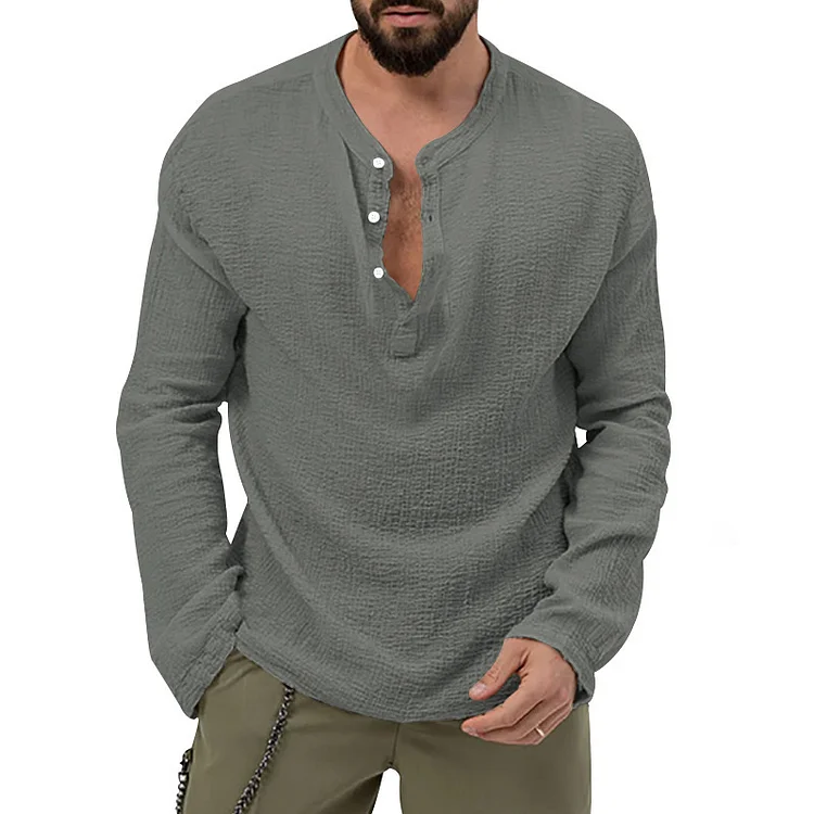 Men's Vintage Solid Color Cotton and Linen V-Neck Button Long Sleeve Shirt