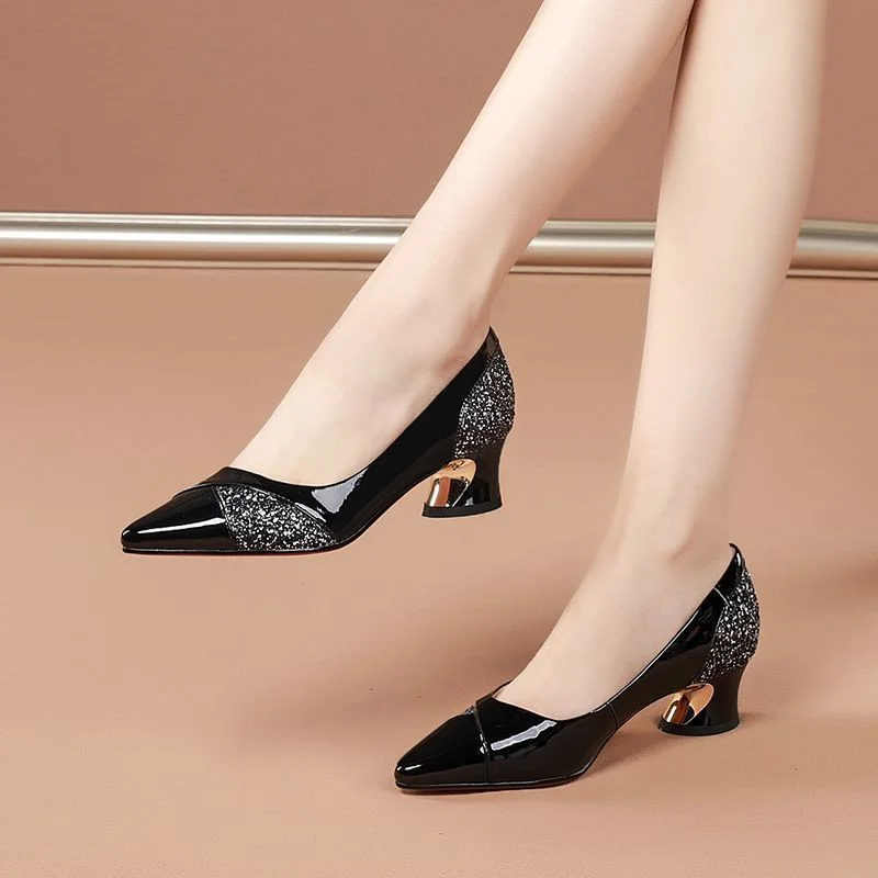 Soft Leather Shallow Shoes,Pointed Toe,2021Spring New Rhinestone Women Mid Heels,Slip on Female Footware,Big Size,бордовые,Black
