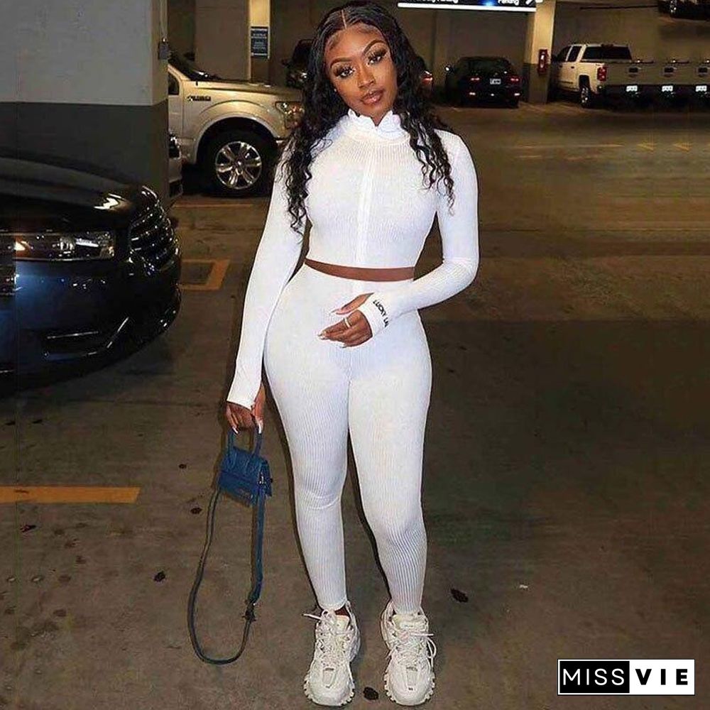 Autumn Ribbed Tracksuit Set Women Two Piece Outfits Work Out Sweat Suits Crop Top Women Set Fitness Sweatsuit Female