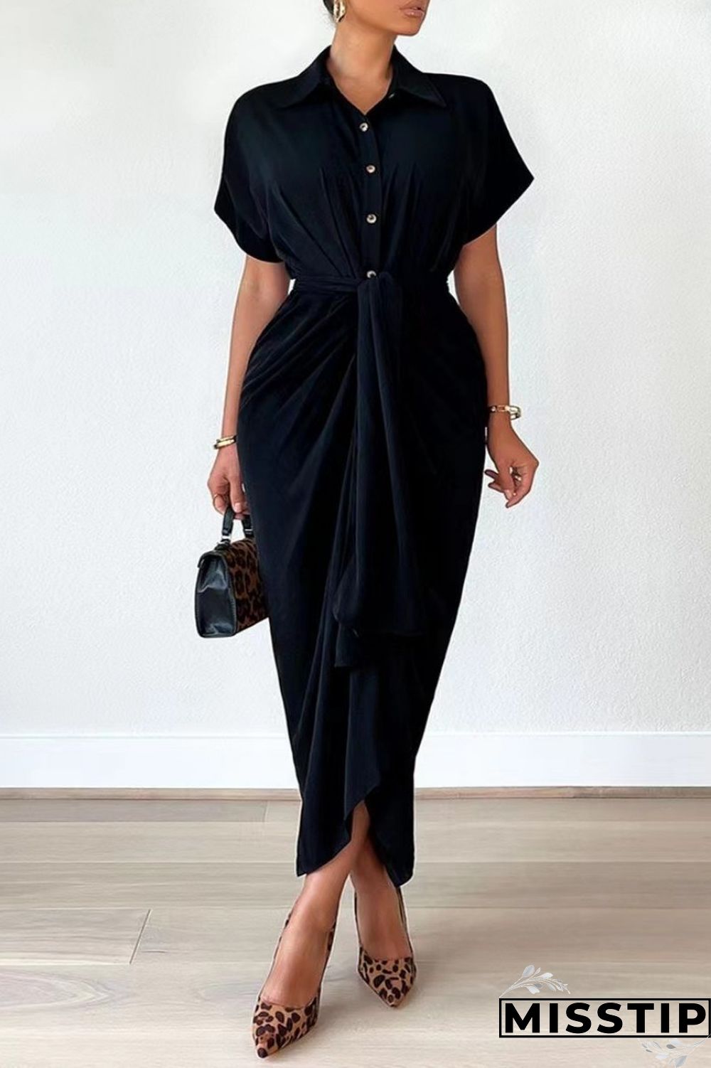 Green Casual Solid Patchwork Turndown Collar Shirt Dress Dresses