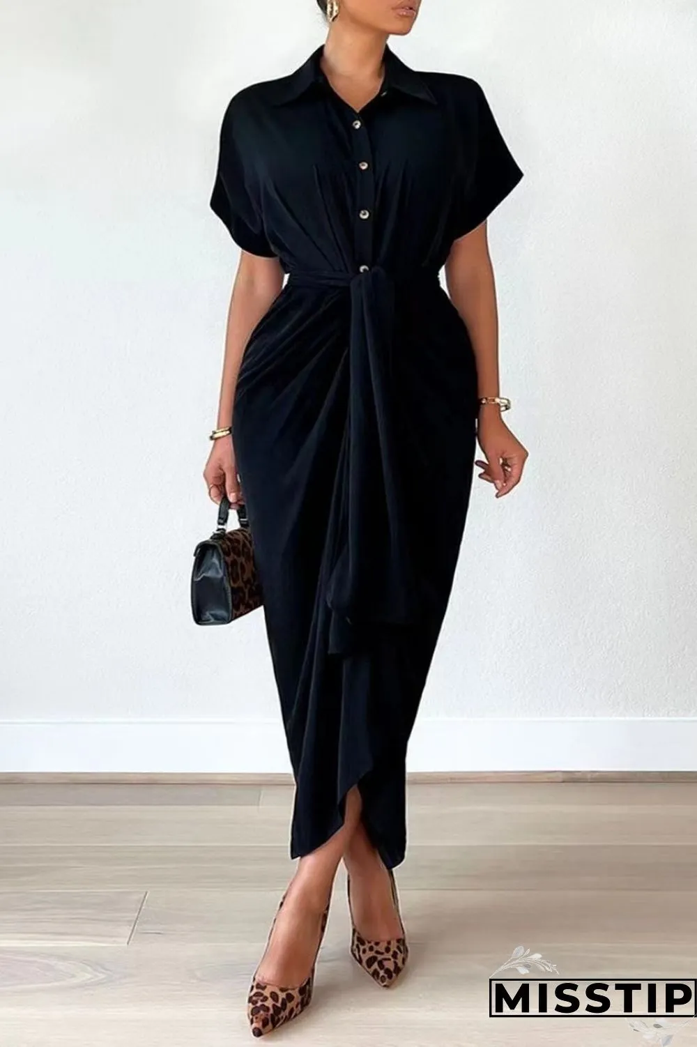 Green Casual Solid Patchwork Turndown Collar Shirt Dress Dresses