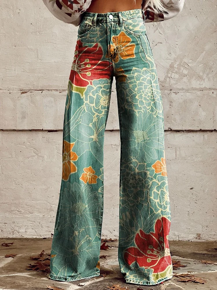 Women's Vintage Print Casual Wide Leg Pants