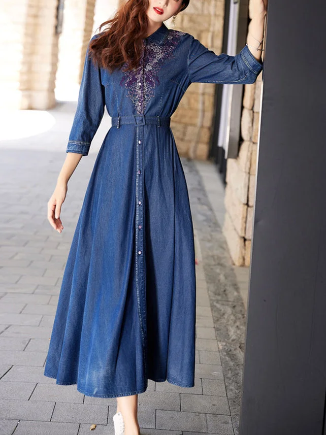Women's Denim Embroidery 3/4 Sleeve Scoop Neck Dress