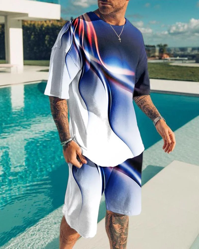 Men's Fashion Blue Abstract Pattern Shorts Suit