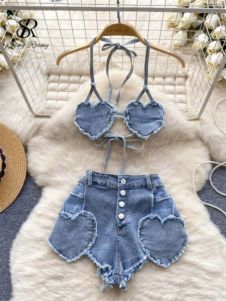 Huibahe American Hotsweet Sets Halter Sleeveless Backless Love Tops+High Waist Button Basics Shorts Fashion Sexy Denim Suits