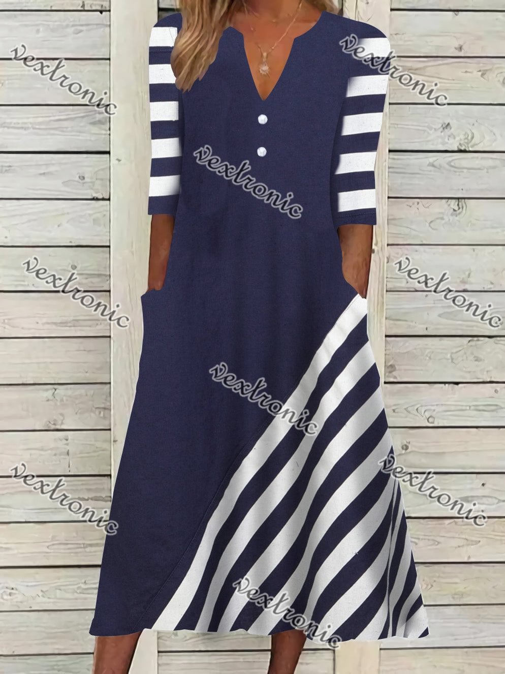Women's Short Sleeve V-neck Blue Striped Printed Midi Dress