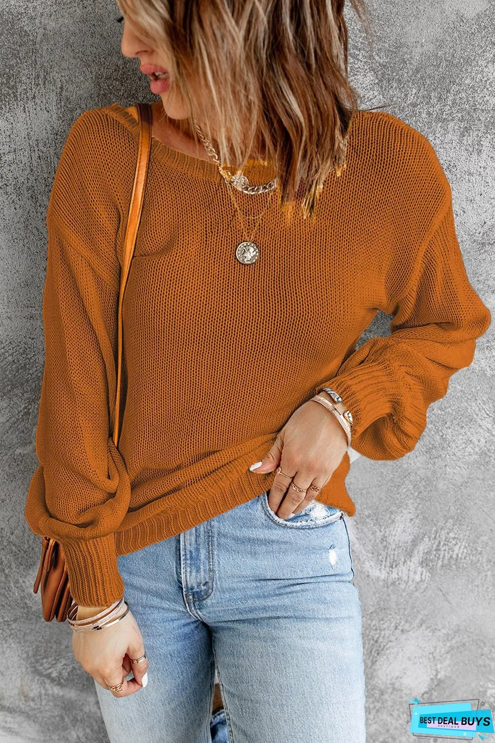 Tied Balloon Sleeve Round Neck Sweater