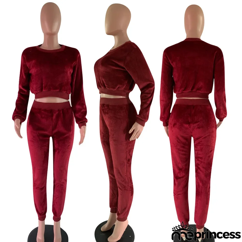 Solid Color Plush Long Sleeve Two Piece Suits