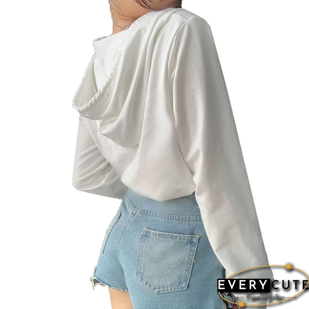 White Zipper Drawstring Crop Hoodie