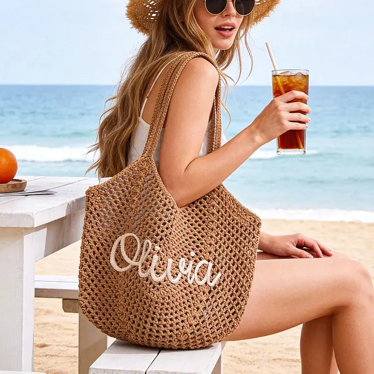 Personalised Straw Knitted Beach Bag and Crochet Tote - Unique Bridesmaid Gift Bags, Travel Wedding Favor, Bachelorette Trip Present