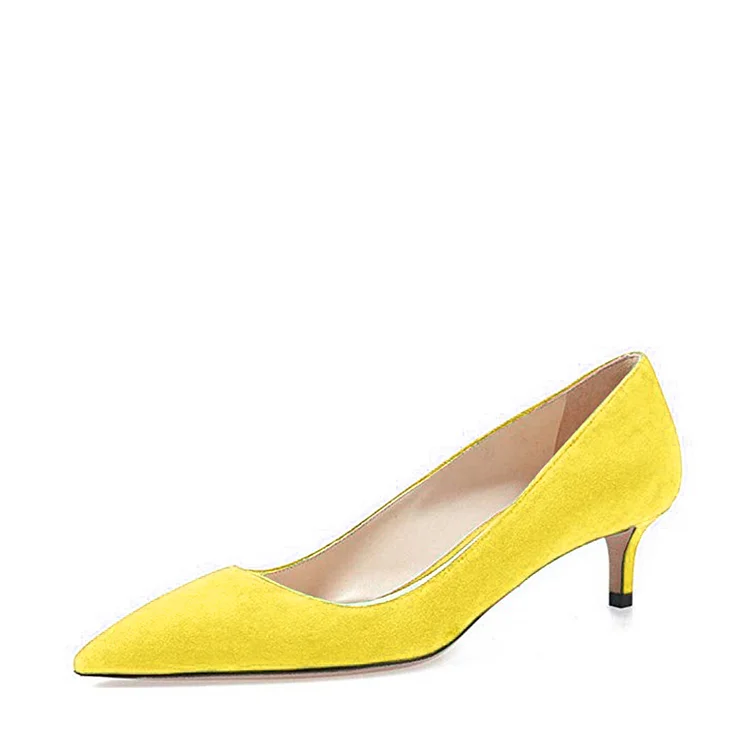 Yellow Vegan Suede Pointed Toe Kitten Heel Pumps for Women |FSJ Shoes