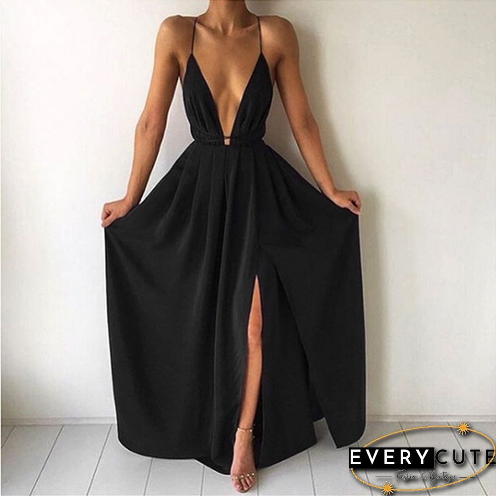 Women Fashion Sexy V-neck Sling Halter Chiffon Bohemian Split Sleeveless Solid Color Dress