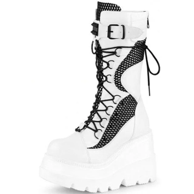 Black/White/Pink Goth Lace Up Buckle Strap Metal Platform Boots SP16958