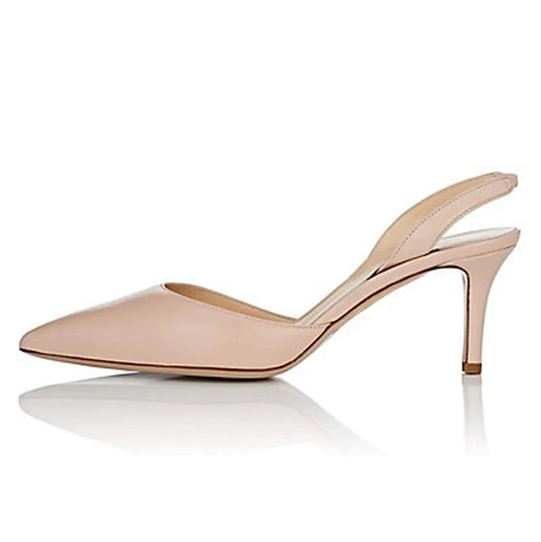Beige Vegan Leather Pointed Slingback Kitten Heel Casual Pumps