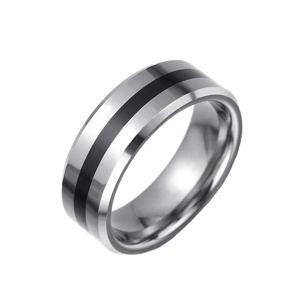 6MM 8MM Silver Men Tungsten Carbide Rings Center Black Beveled Edge High Polished