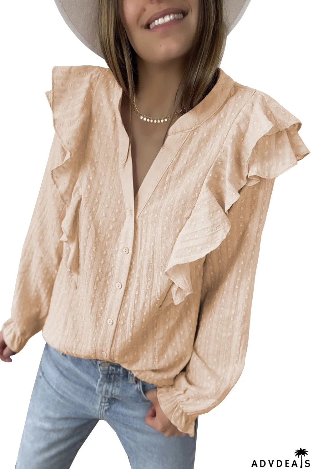 Dotted Texture Sheer Ruffles Bubble Sleeves Shirt