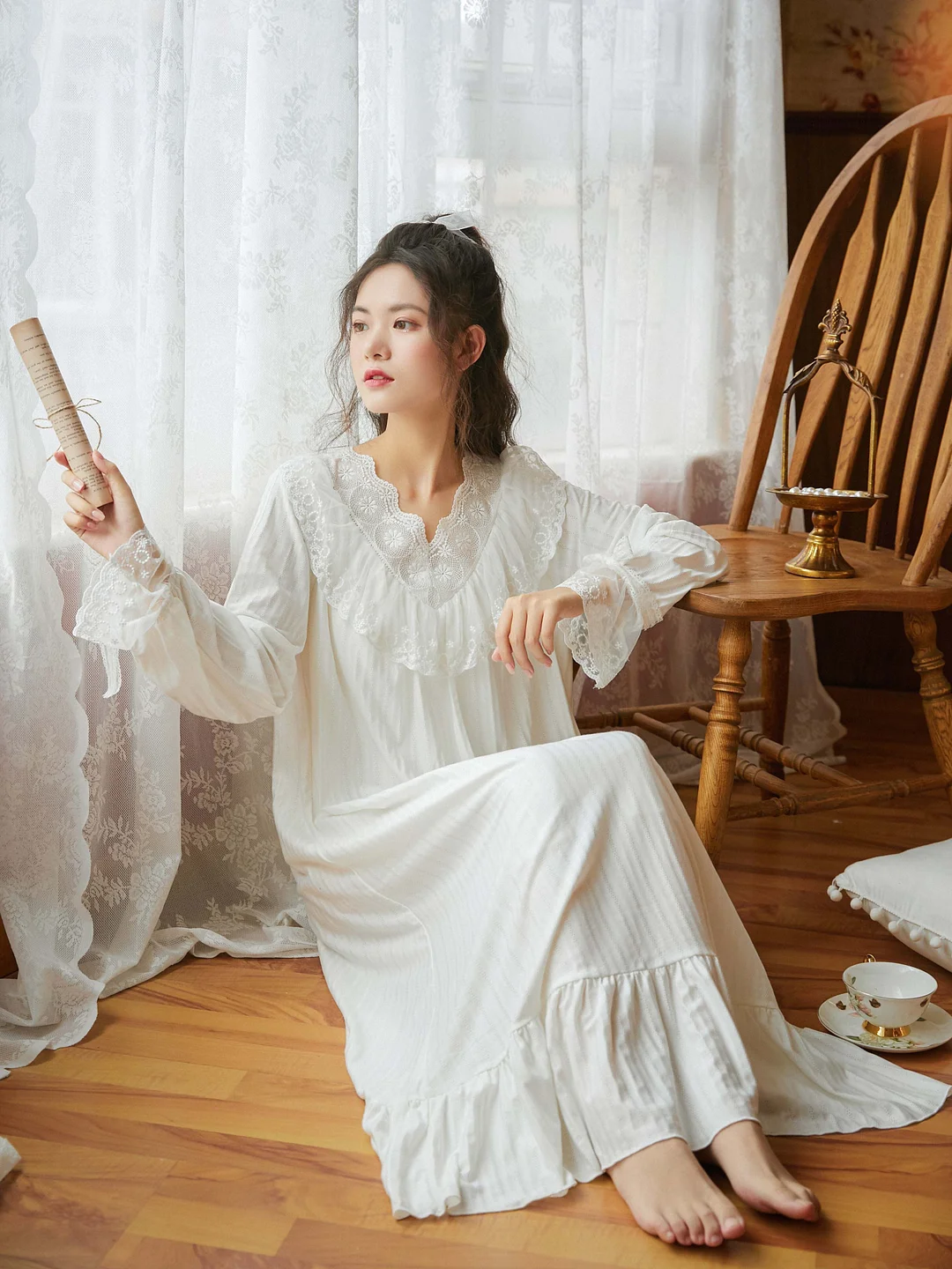 V-neck Long Dress Plus Size Sweet Princess Dress Loose One-piece Vintage Nightgown