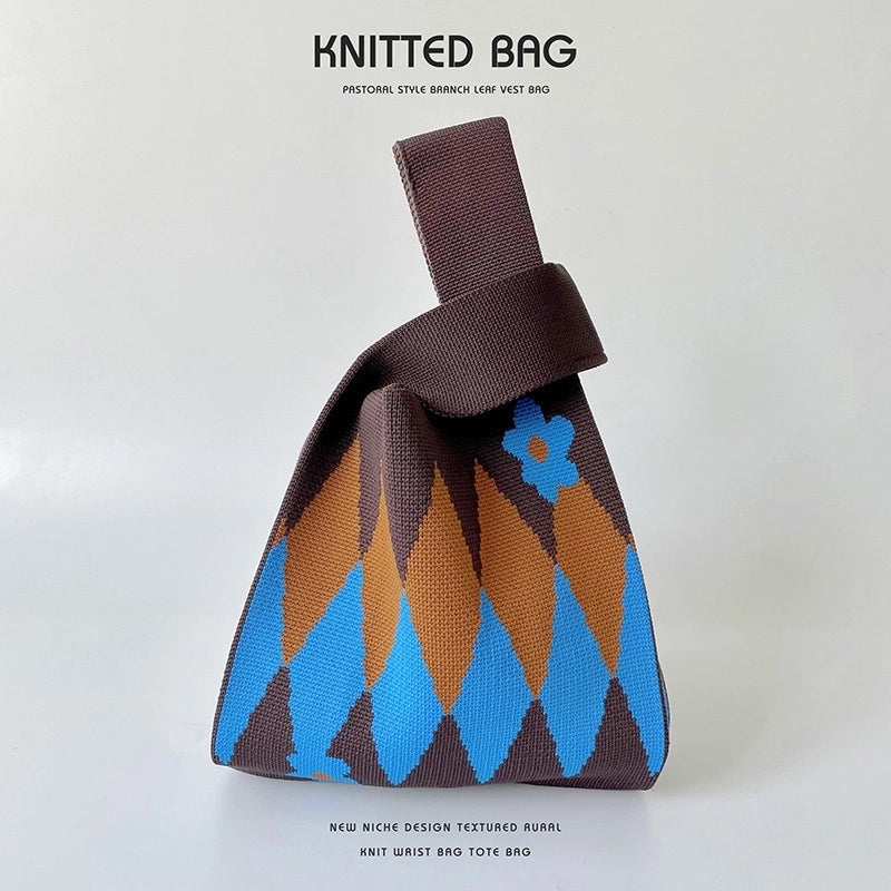 Women’s Medium Knit Letter Flower Cute Vintage Style Square Open Handbag