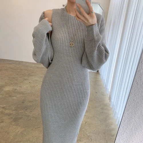 Temperament Round Neck Knitted Dress Two-Piece Set