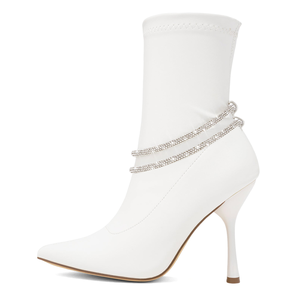 White Pointed Toe Spool Heel Ankle Boots with Rhinestone Strap Nicepairs