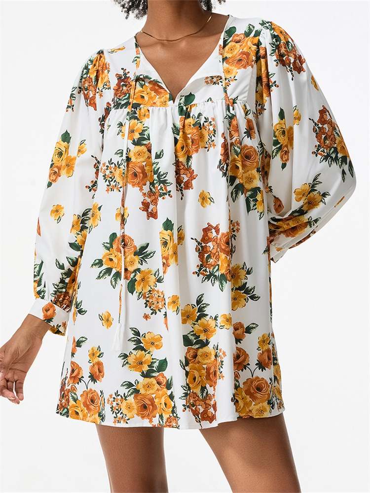 Women Mini Dress Short Sleeve Tie-up Dots/Flower Print Loose Casual Dress Summer Female Vestidos Streetwear 2025 New