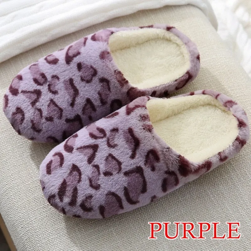 LITTHING Women Home Slippers With Faux Fur Flats Heels Shoes Winter Warm Slippers Women Leopard Print Female Flip Flop Size36-45
