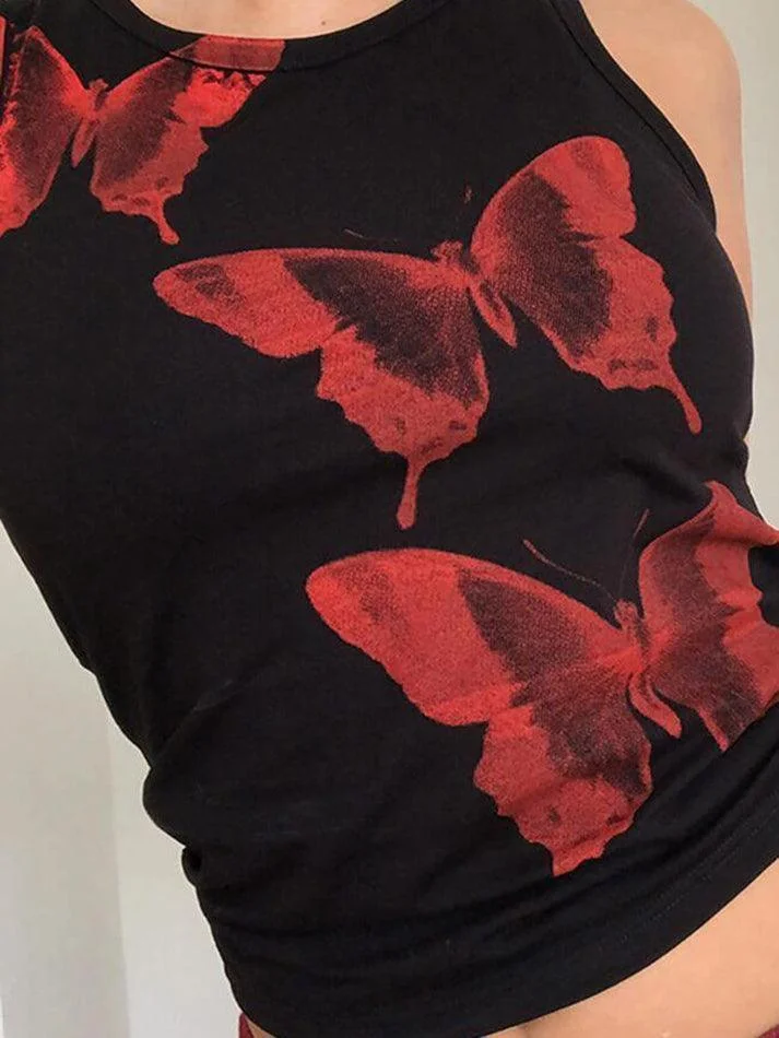 Brownm Butterfly Print Crop Tank Top
