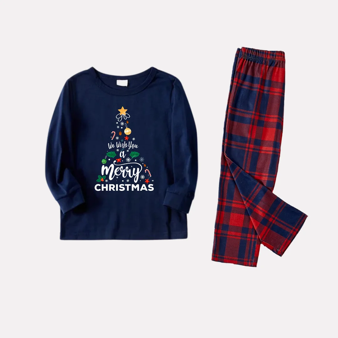 "We Wish You a Merry Christmas" Printed Blue Long Sleeve Top With Blue & Red Plaid Family Matching Pajamas