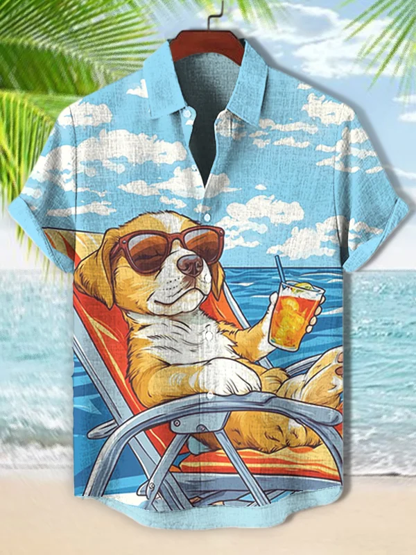 Men's International Dog Day Dog On Holiday Print Short Sleeve Shirt