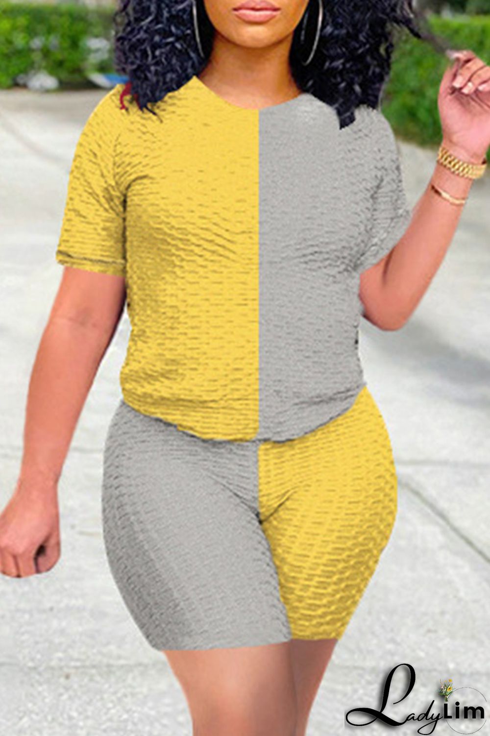 Yellow Grey Fashion Casual Solid Patchwork O Neck Short Sleeve Two Pieces