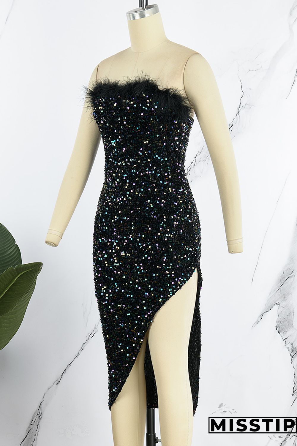 Blue Sexy Patchwork Sequins Backless Slit Strapless Irregular Dress Dresses