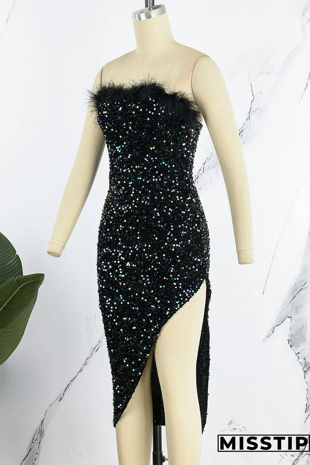 Blue Sexy Patchwork Sequins Backless Slit Strapless Irregular Dress Dresses