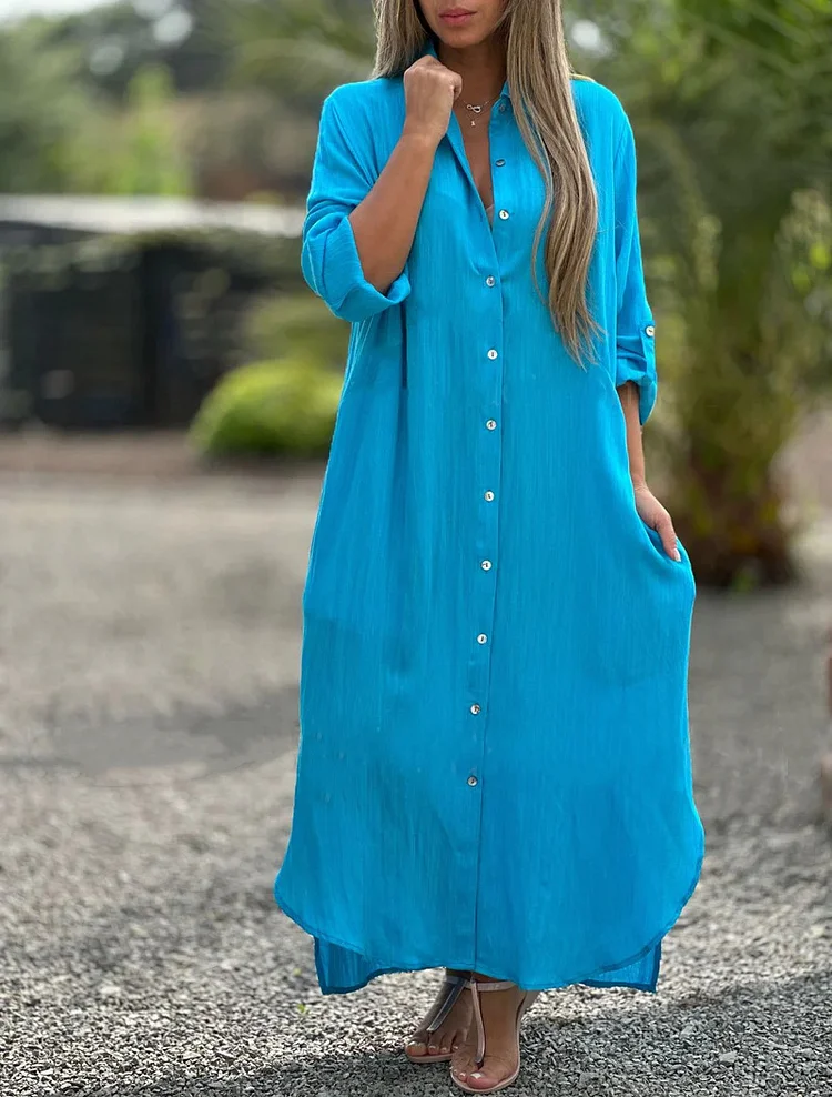 Women's Cotton Linen Shirt Dress Lapel Long Sleeve Single Breasted Solid Maxi Dress