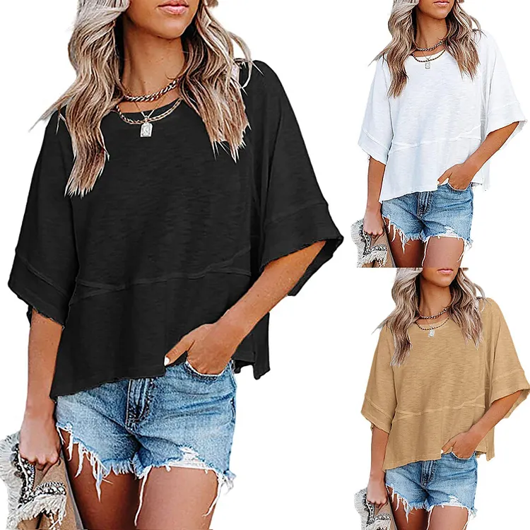 👚 LIMITED-TIME 50% OFF! 🌸 Women's Loose Flare Sleeve T-Shirt &ndash; Solid Color, Patchwork, Soft & Breathable 🍃