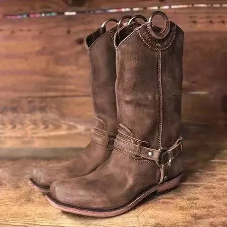 Women Boots 2020 Autumn Vintage Brown PU Leather Cowboy Square Toe Mid-Calf Boots Outdoor Slip On Metal Buckle Ladies Boots