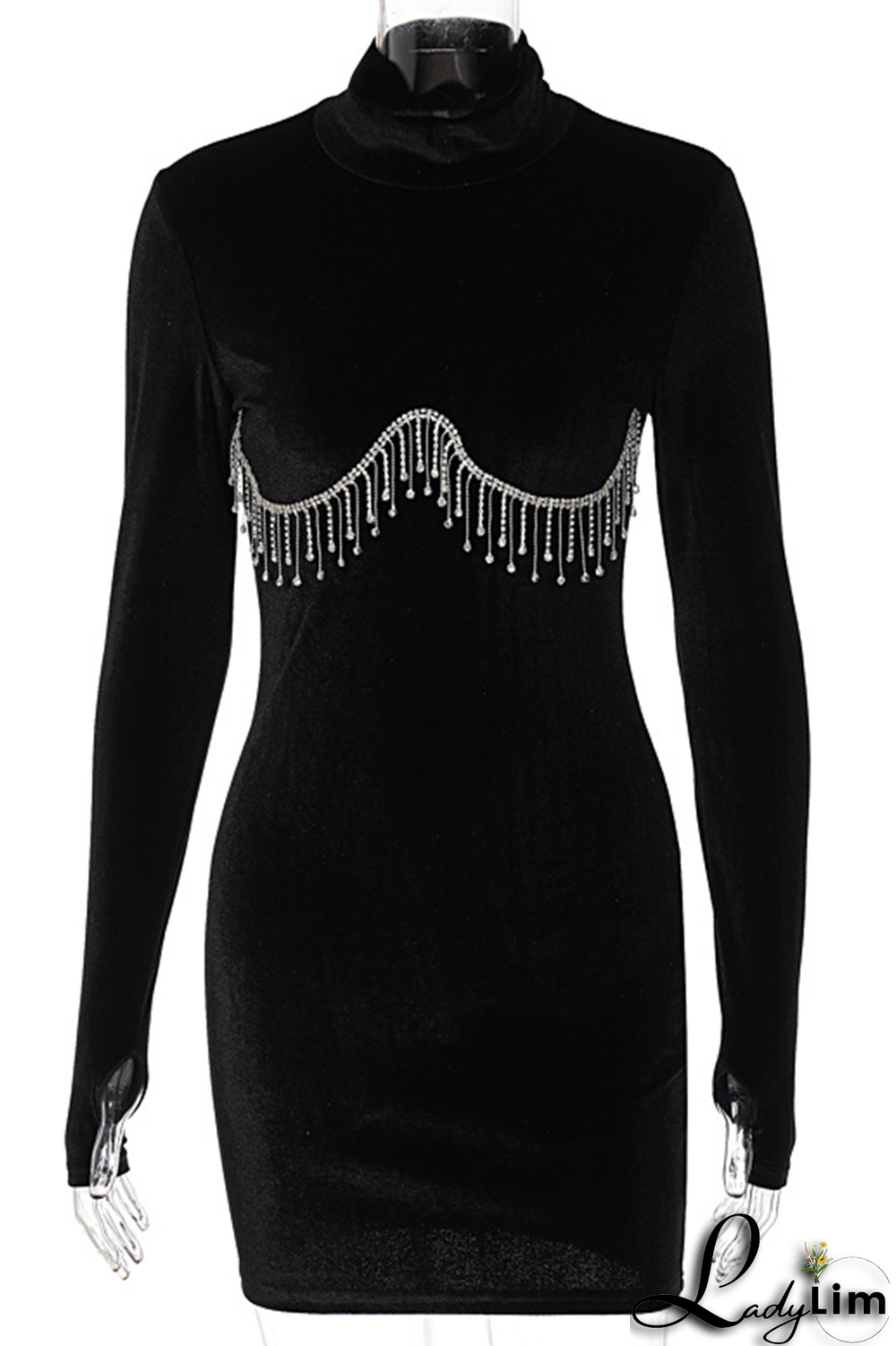 Rose Red Sexy Solid Rhinestone Half A Turtleneck Pencil Skirt Dresses