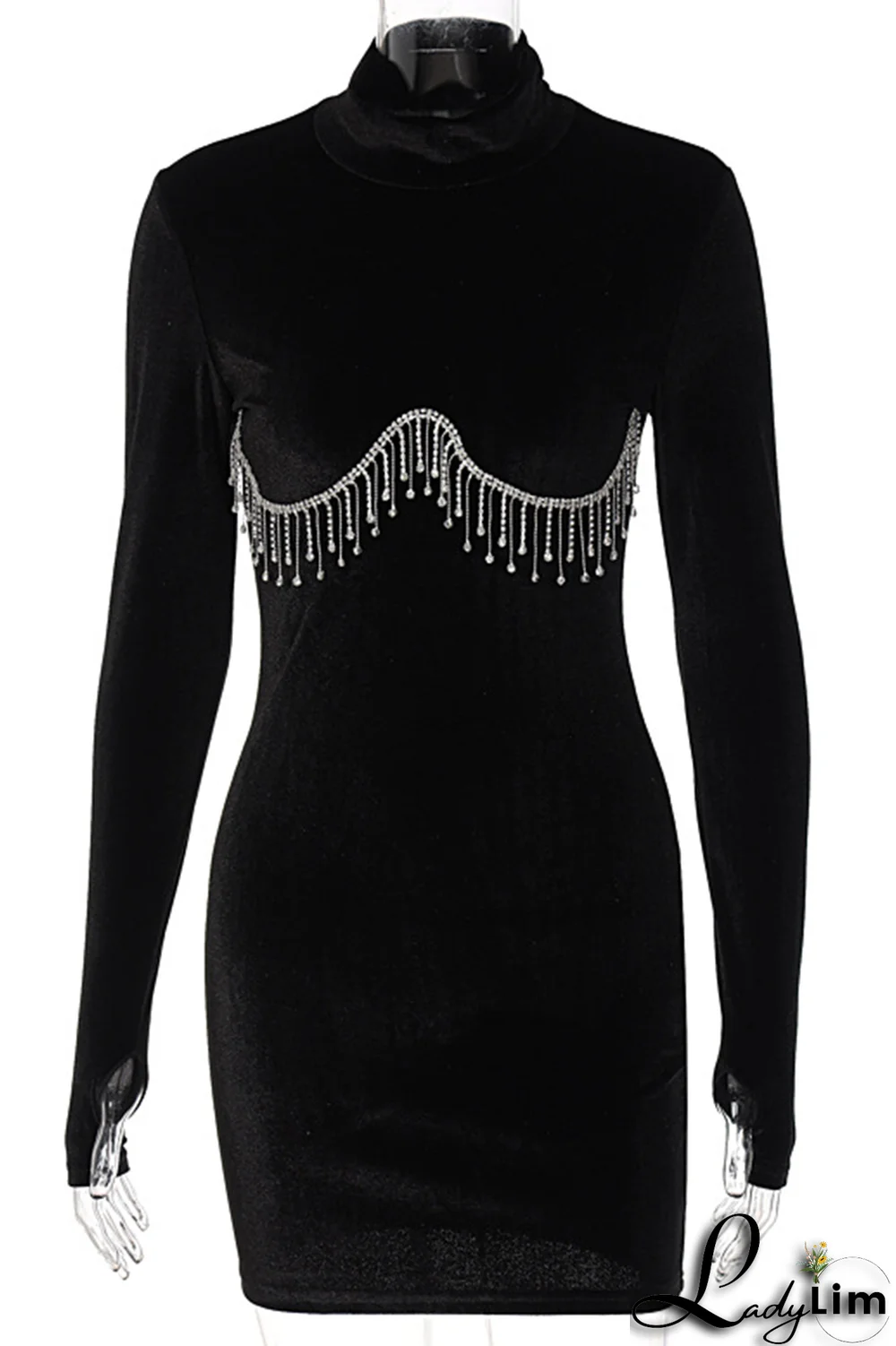 Rose Red Sexy Solid Rhinestone Half A Turtleneck Pencil Skirt Dresses