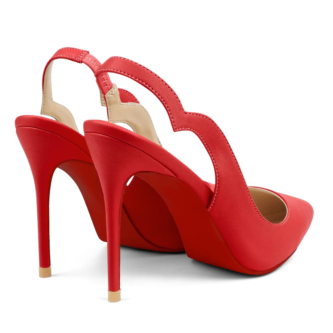 3.94" Women's Curved Design Slingback Heel Pointed Toe Hot Chick Sling Red Red Bottom Pumps-MERUMOTE