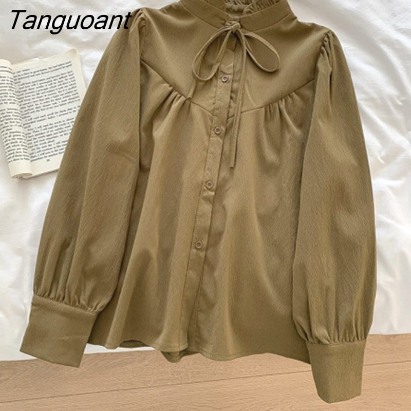 Tanguoant Lace-Up Kawaii Shirt Women New In Korean Preppy Style Button Up Elegant Blouse Mujer De Moda Loose Top Japanese Clothing
