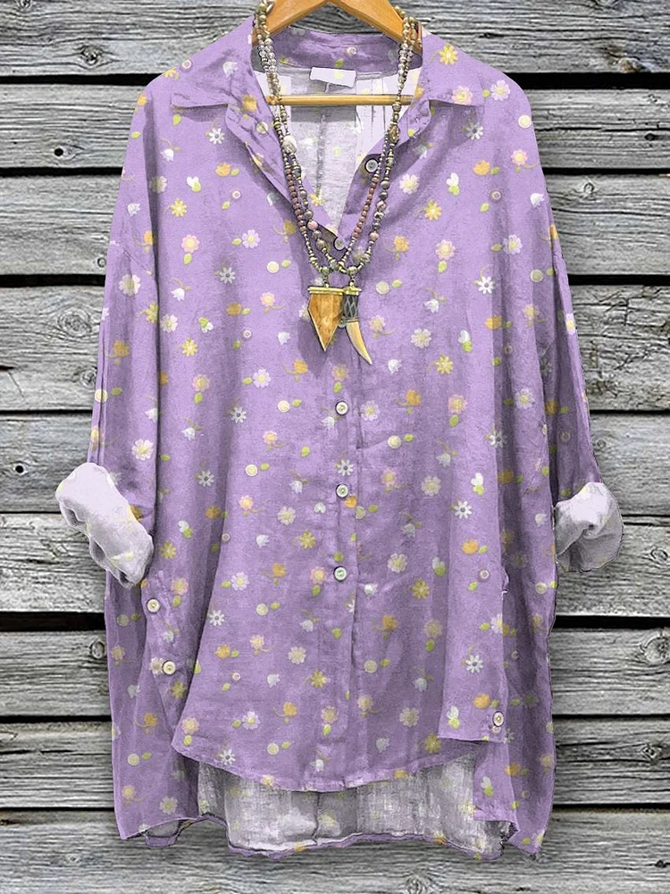 Women's Purple Floral Flowers Spring Print Casual Cotton And Linen Shirt