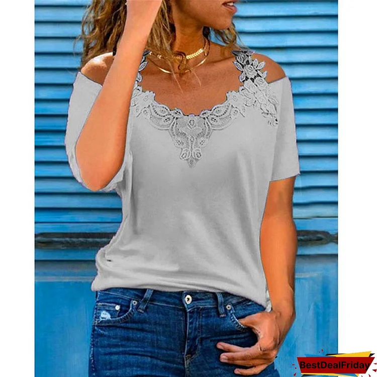 XS-8XL Spring Summer Tops Plus Size Fashion Clothes Women's Casual Short Sleeve Tee Shirts Lace Stitching Halter Tops Ladies Solid Color Deep V Neck Blouses Hollow Out Cotton T-shirts LooseOff Shoulder Shirts
