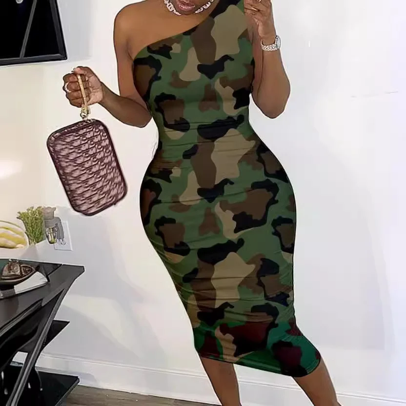 Wongn Wongn Women's Dress Elegant Diagonal Shoulder Print Hollow Out Back Tight Hip Dress