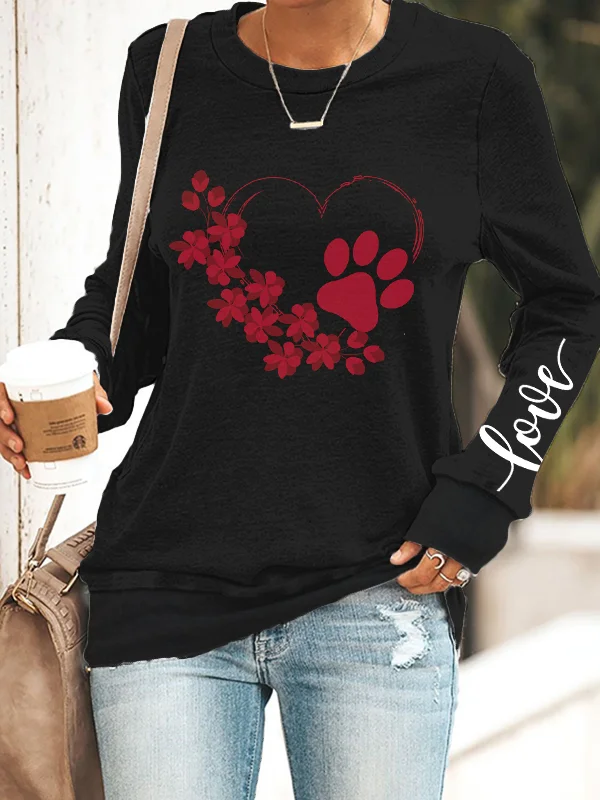 Love Heart And Paw Print Casual Long Sleeve Sweatshirt
