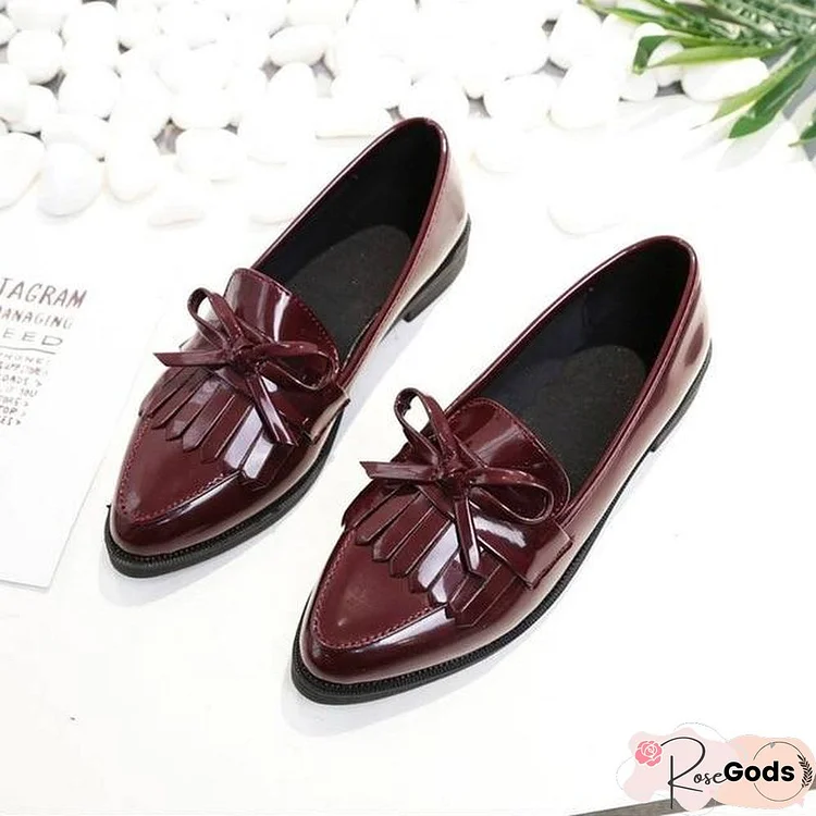 Woman Casual Tassel Bow Pointed Toe Black Oxford Comfortable Slip On Flats