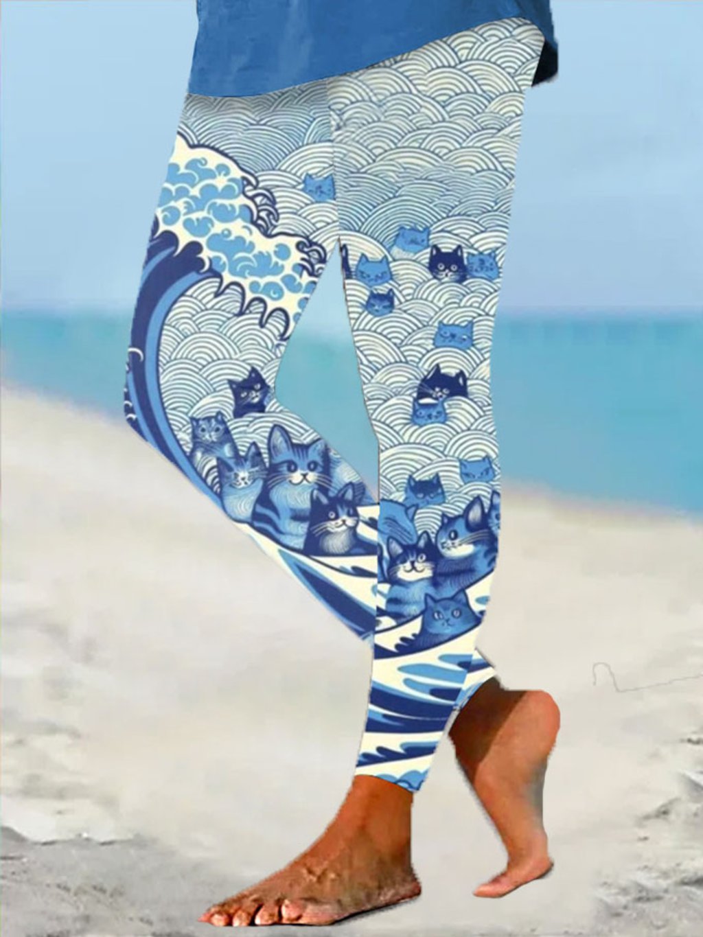 Women's Blue Waves&Cats Printed Yoga Leggings
