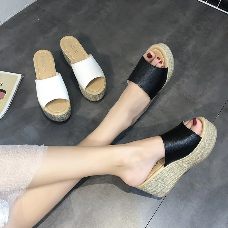 Breakj Breakj Cake Slippers Women Cool Drag Slope With High Heel 7CM Word Drag Leather Large Size Women's Shoes 35-42 Perennial